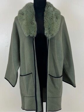 Saks Fifth Ave Olive Faux Fur Trim Open Front Coatigan - Sz L Women